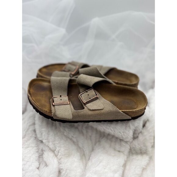 Birkenstock Arizona Suede Leather Sandals Tan Dual Strap Slip-On Footbed Size 39 - Picture 2 of 16